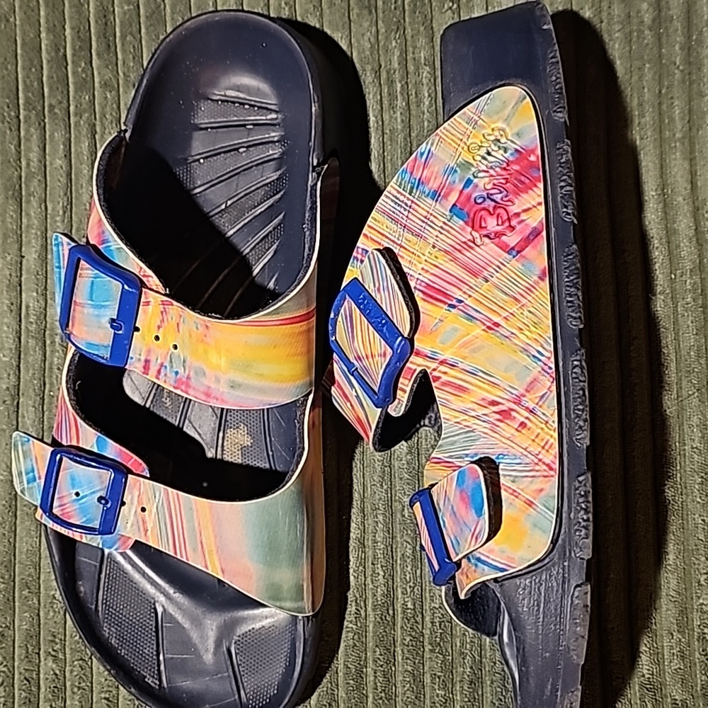 Birkenstock Multicolor Swirl Pattern Arizona Sandals with Blue Buckles